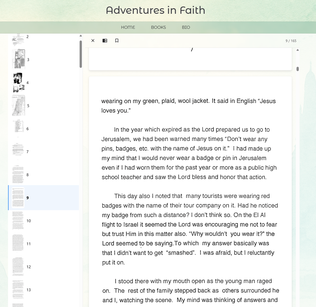 Adventures in Faith on desktop: page-thumbnail sidebar on the left, chapter text on the right, page 9 of 165