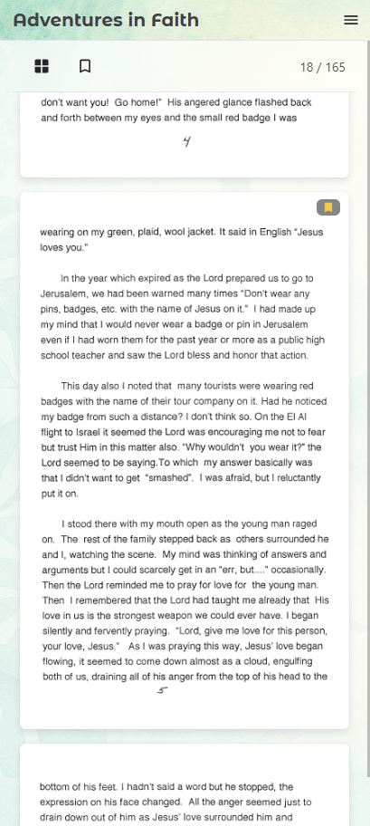 Adventures in Faith on a phone: continuous scrolling chapter text with a bookmark marker, page 18 of 165