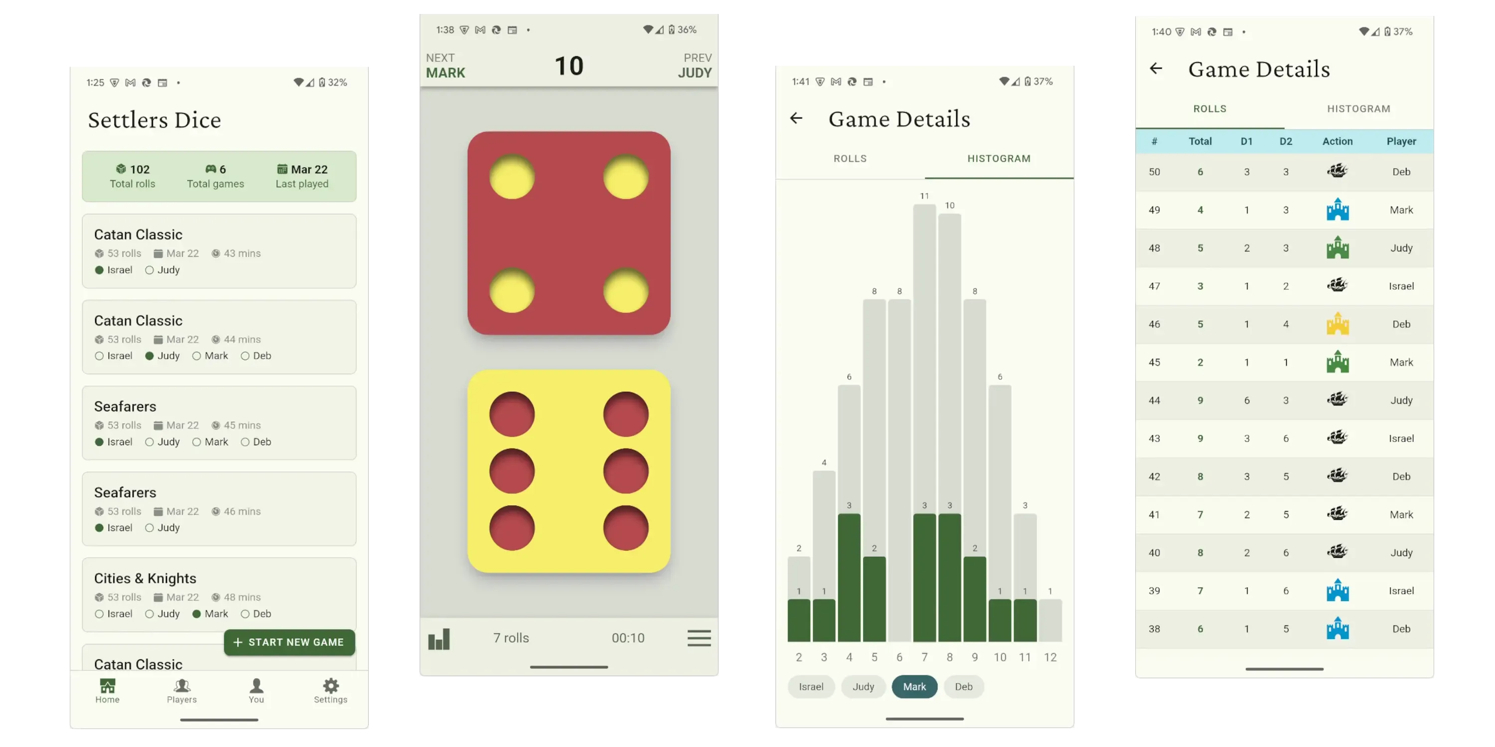 Catan Dice running on a phone: dice roll screen and roll history