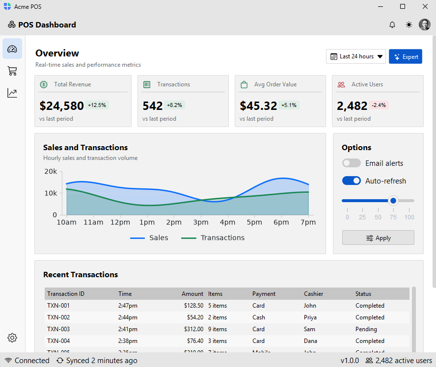 A bootstack analytics dashboard: charts, metrics and a data table in a desktop window